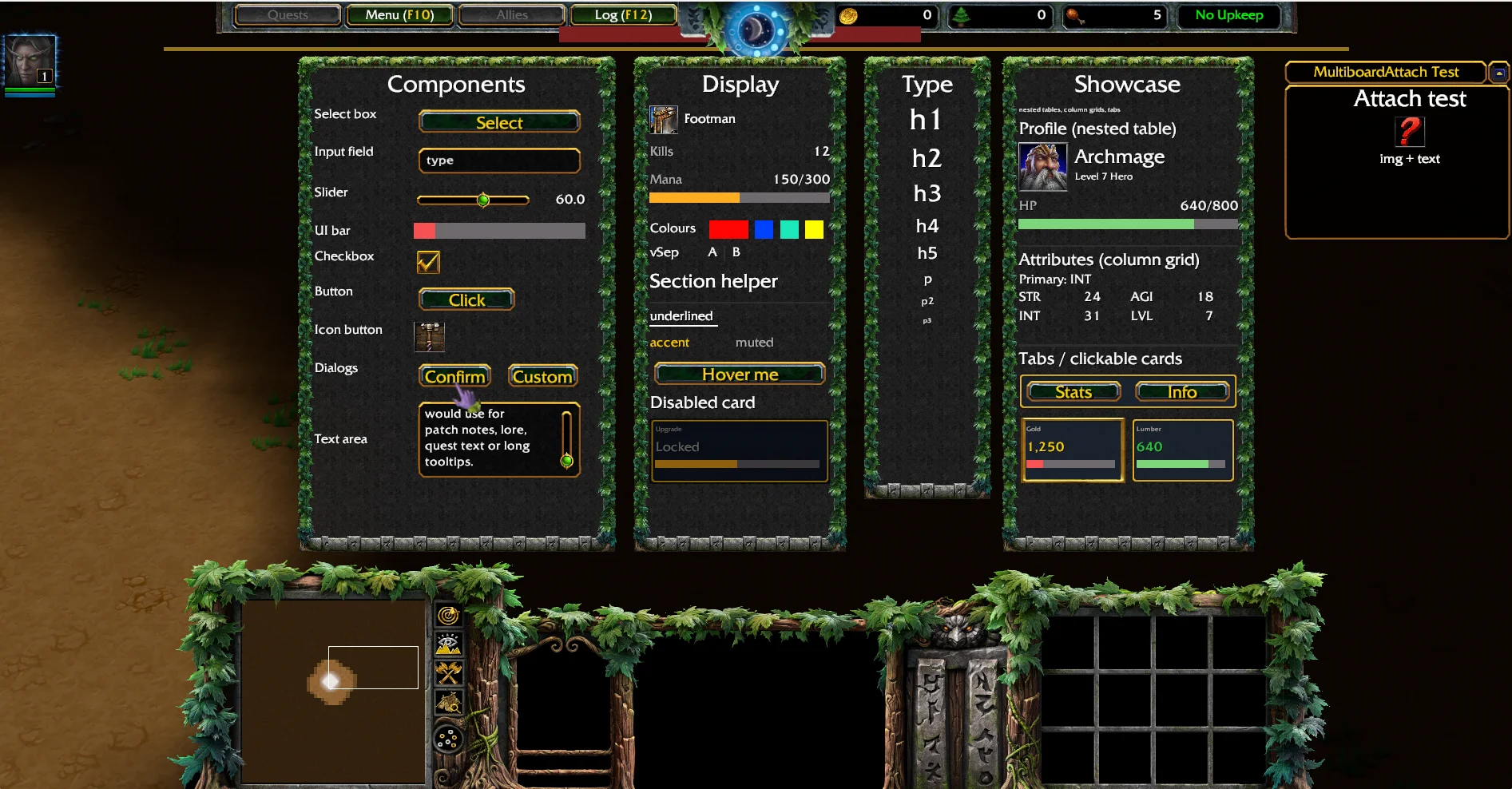 Wurst Table Layout components and interface showcase in Warcraft III